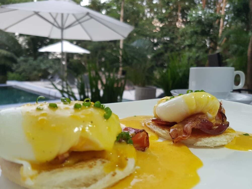 A serene outdoor dining scene features Eggs Benedict on a white plate, garnished with chives, under a lush green canopy with white umbrellas, ideal for a relaxing brunch experience in a tropical resort setting.