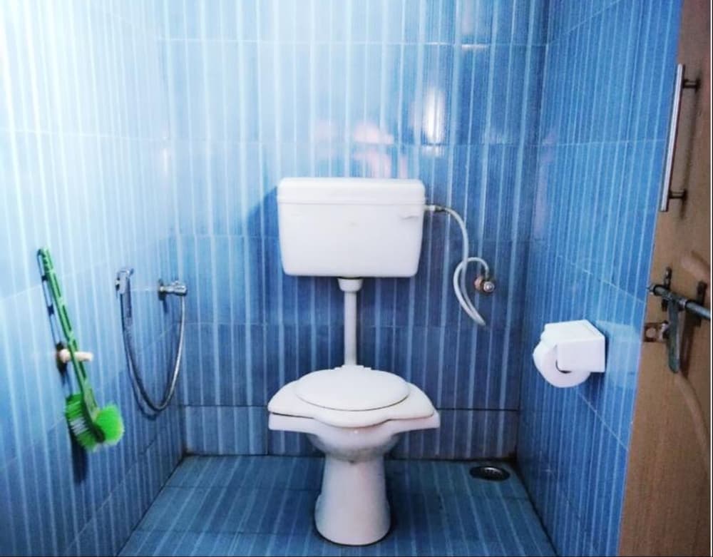 A compact bathroom with blue striped tiles features a white toilet, a handheld shower, a green brush, and a toilet paper holder, ideal for travelers seeking cleanliness and functionality in accommodations.