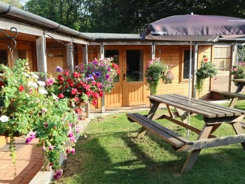 A cozy outdoor seating area with wooden picnic tables, vibrant flower arrangements, and a rustic cabin backdrop offers a serene retreat for travelers seeking relaxation in a charming countryside setting.