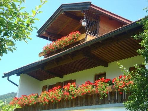 A charming alpine chalet adorned with vibrant red flower boxes and lush greenery offers a picturesque retreat for travelers seeking a cozy mountain getaway.