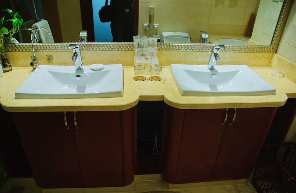A luxurious hotel bathroom features dual sinks with elegant marble countertops, a large mirror, and neatly arranged toiletries, ideal for travelers seeking comfort and convenience.
