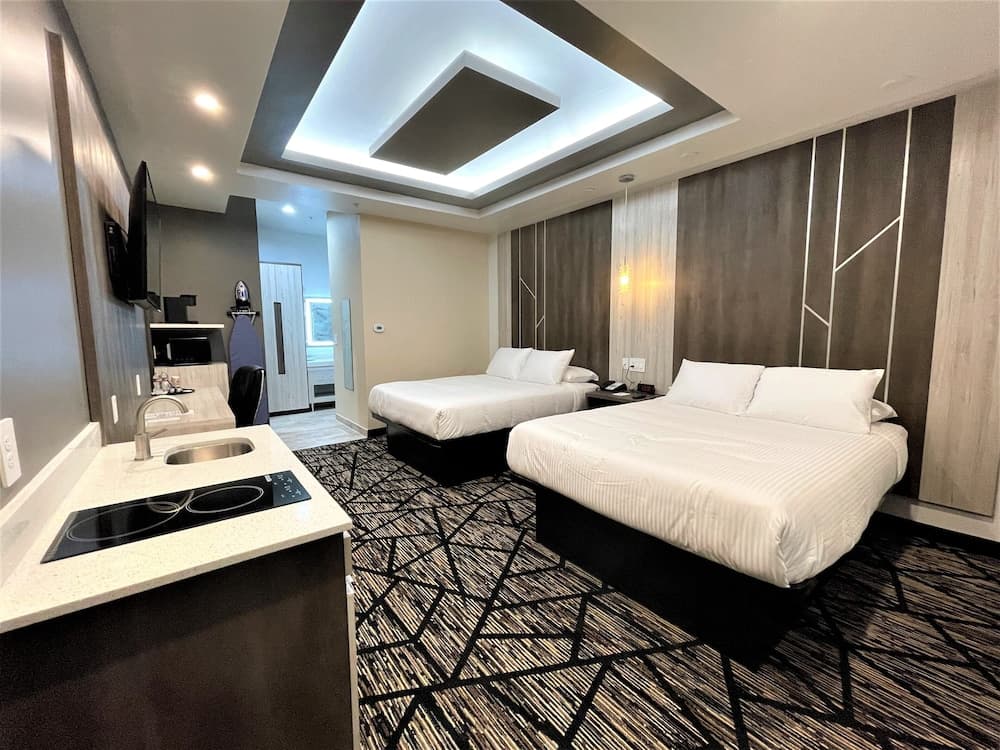 A modern hotel room features two cozy beds under sleek ceiling lights, a stylish geometric carpet, and a compact kitchenette, ideal for travelers seeking comfort and convenience.