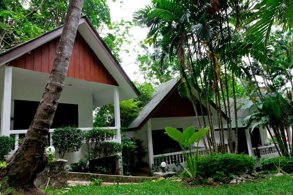 A serene tropical villa surrounded by lush greenery and towering palm trees offers a tranquil retreat for travelers seeking relaxation in nature.