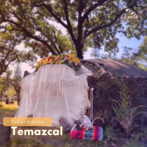 A serene outdoor temazcal experience setup under lush trees, featuring a draped stone structure adorned with vibrant flowers and colorful textiles, evokes a tranquil and spiritual atmosphere ideal for wellness retreats.
