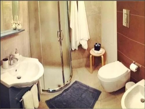 A cozy hotel bathroom features a modern shower, bidet, sink with toiletries, and warm-toned tiles, ideal for travelers seeking comfort and cleanliness.