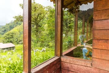 A serene wooden cabin porch overlooks lush green hills and a tranquil garden, ideal for eco-tourism and relaxation, capturing the essence of nature's beauty through its expansive windows.