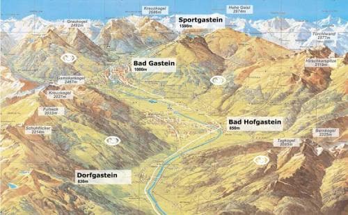 A vibrant topographic map showcases the scenic Gastein Valley in Austria, featuring ski resorts like Sportgastein and Bad Hofgastein amidst towering mountains, ideal for adventure seekers planning their alpine getaway.