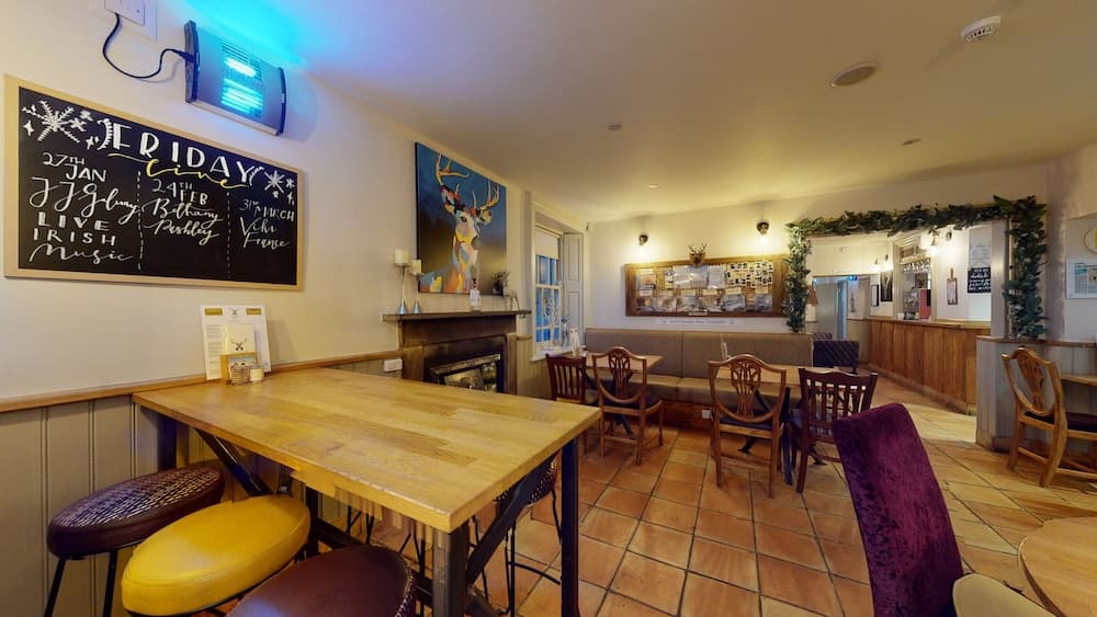 A cozy café with wooden tables, colorful chairs, and festive decorations invites travelers to enjoy live Irish music events in a warm and inviting atmosphere.