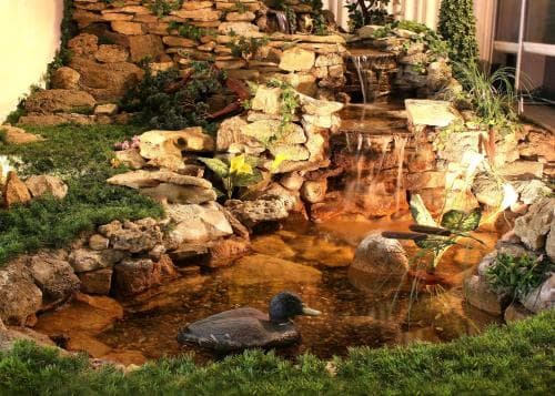 A serene garden pond featuring a small waterfall, lush greenery, and a duck, ideal for tranquil relaxation and nature photography.