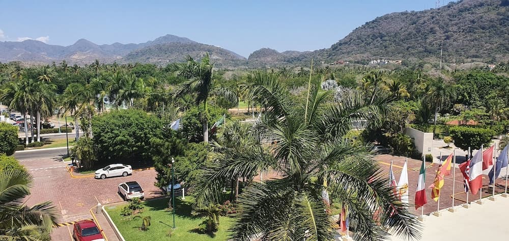 A serene tropical resort scene with lush palm trees, vibrant flags, parked cars, and distant mountains under a clear blue sky, ideal for travelers seeking relaxation and natural beauty.