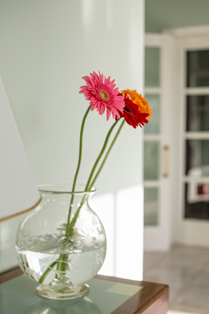 A serene indoor scene features vibrant flowers in a clear vase on a table near a glass-paneled door, ideal for travelers seeking cozy accommodations near cultural landmarks in Thira, Greece.