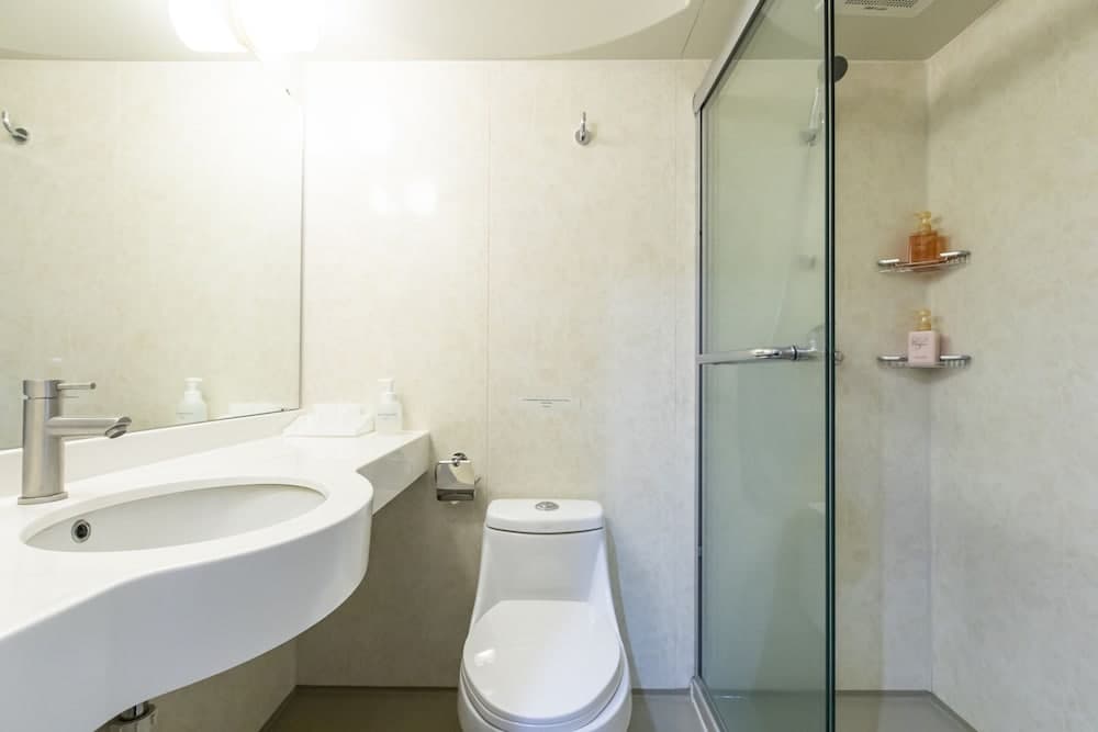 A modern, minimalist bathroom features a sleek sink, a toilet, and a glass-enclosed shower with neatly arranged toiletries, ideal for travelers seeking clean and contemporary accommodations.