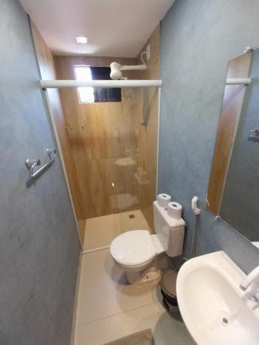 A compact bathroom with blue walls, a white toilet, sink, and a glass-enclosed shower area offers a functional space ideal for travelers seeking efficient accommodations.