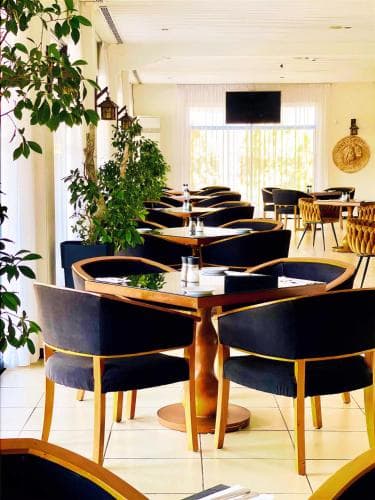 A cozy indoor restaurant features modern wooden tables surrounded by plush navy chairs, adorned with greenery and natural light streaming through large windows, ideal for travelers seeking a serene dining experience.