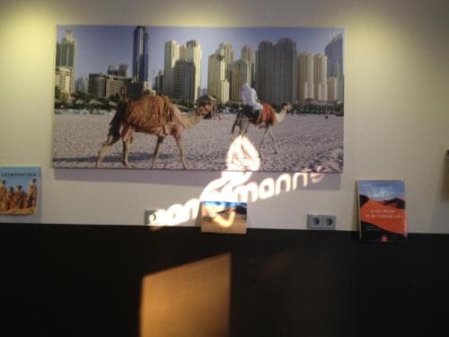 A vibrant indoor exhibit showcases camels against a backdrop of towering city skyscrapers, evoking a juxtaposition of desert culture and urban life, ideal for travelers exploring cultural contrasts.