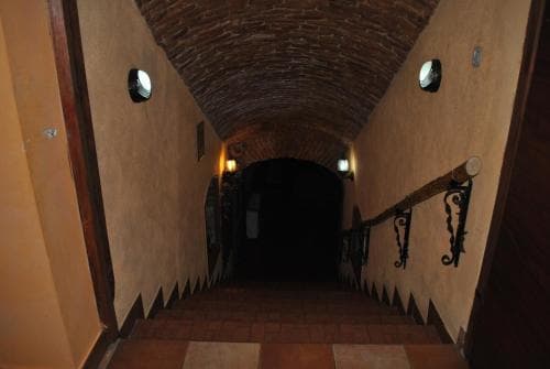A warmly lit, rustic stone corridor with arched ceilings and wooden stairs evokes a cozy medieval ambiance, ideal for exploring historic European architecture during a cultural getaway.