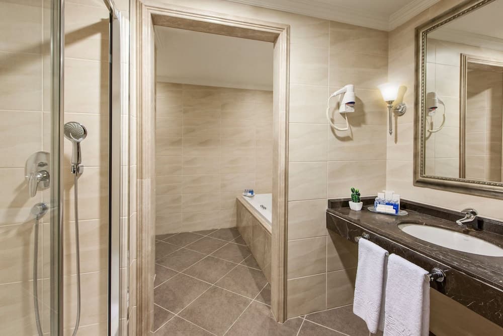 A serene hotel bathroom features a walk-in shower, a bathtub, a granite countertop with a sink, and a large mirror, ideal for travelers seeking comfort and cleanliness during their stay.