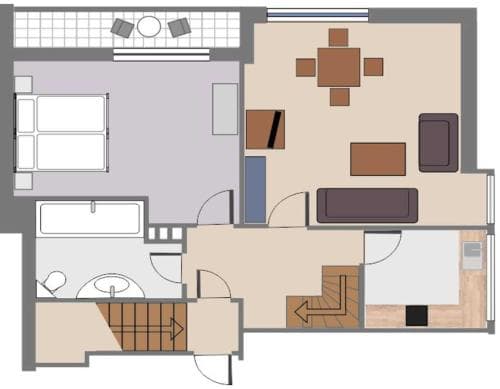 A cozy apartment floor plan featuring a bedroom, bathroom, living area with furniture, and kitchenette, ideal for travelers seeking compact yet functional accommodations.