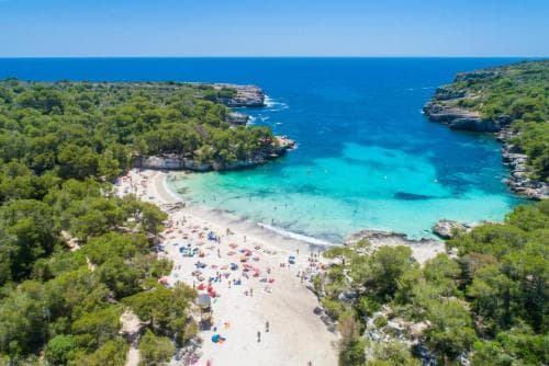 A vibrant aerial view of a bustling beach nestled between lush green cliffs, featuring turquoise waters and colorful umbrellas, ideal for summer vacationers seeking relaxation and scenic beauty.