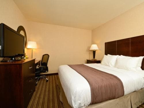 A cozy hotel room features a neatly made bed with white linens and a brown throw, a desk with a chair, a TV on a wooden dresser, and bedside lamps, ideal for travelers seeking comfort and convenience.
