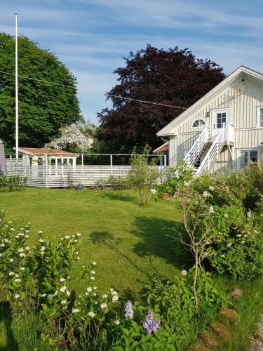 A serene suburban garden with lush greenery, blooming flowers, and a charming white house under a clear blue sky, ideal for a peaceful getaway or family vacation.