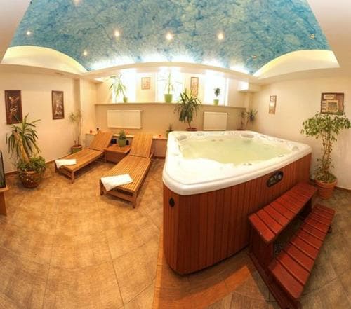 A serene indoor spa features a central hot tub surrounded by wooden benches, lush greenery, and a calming ceiling mural, ideal for relaxation and wellness retreats.