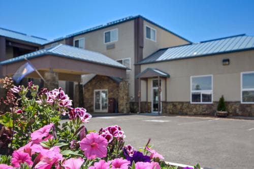 A welcoming motel entrance framed by vibrant pink flowers under a clear blue sky, ideal for travelers seeking a cozy stay in a picturesque setting.