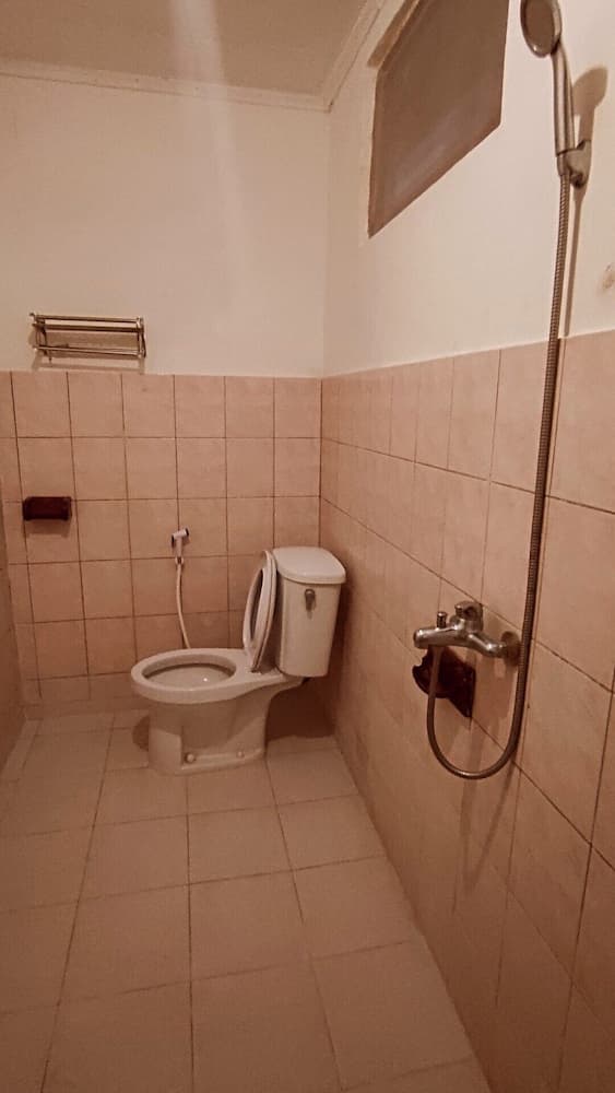 A compact bathroom with tiled walls and floor features a toilet, handheld shower, and basic fixtures, ideal for travelers seeking functional accommodations in budget-friendly settings.