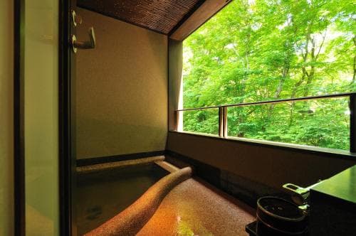 A serene indoor onsen bath offers a tranquil retreat with lush greenery visible through the large window, perfect for relaxation and rejuvenation during a wellness getaway.