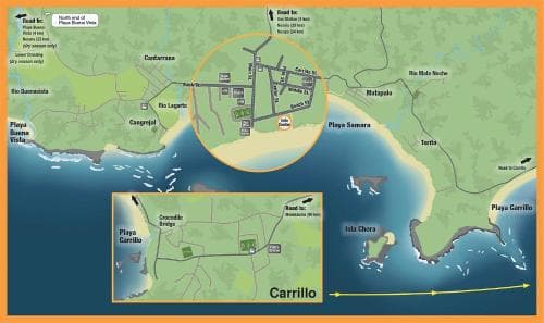 A detailed map highlights the coastal town of Carrillo, showcasing its proximity to Playa Carrillo and surrounding beaches, ideal for travelers seeking a serene tropical getaway with clear navigation routes.