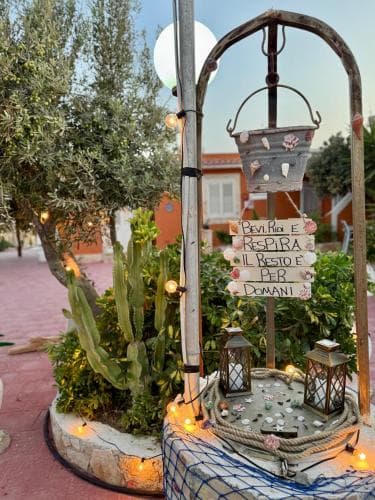 A cozy outdoor garden scene adorned with lanterns, cacti, and inspirational signage creates a serene atmosphere perfect for relaxation and leisurely strolls.