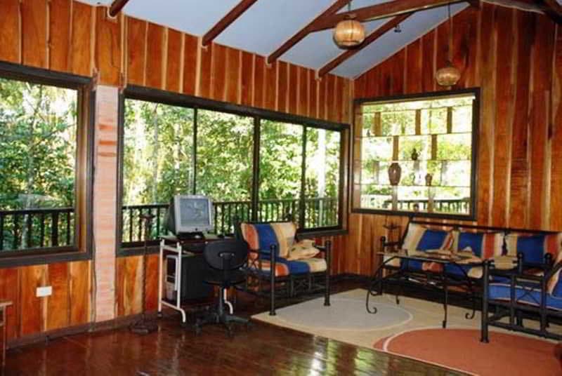 A cozy wooden cabin interior with large windows overlooking lush greenery, featuring comfortable seating, a desk setup, and warm lighting, ideal for a serene retreat or remote work getaway.