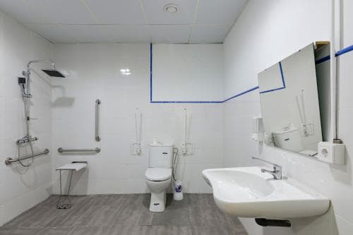 A clean, accessible bathroom with grab bars, a shower seat, and a toilet features a modern design ideal for travelers needing mobility assistance.