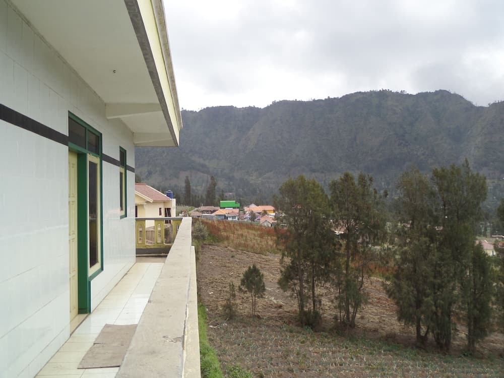 A serene balcony view of a quaint village nestled among lush green hills under an overcast sky, ideal for travelers seeking peaceful rural retreats.