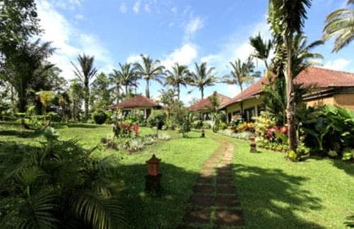 A serene tropical resort features lush greenery, vibrant flowers, palm trees, and a stone pathway leading to cozy bungalows, ideal for travelers seeking relaxation in a picturesque garden setting.