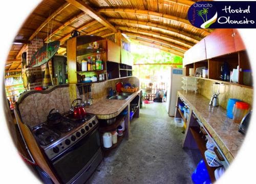 A cozy, rustic kitchen with wooden ceilings and shelves stocked with supplies invites travelers to cook and relax in a tropical hostel setting.