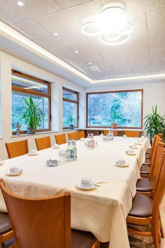 A serene conference room with a long table set for tea, surrounded by wooden chairs and large windows showcasing lush greenery, ideal for business retreats or intimate gatherings.