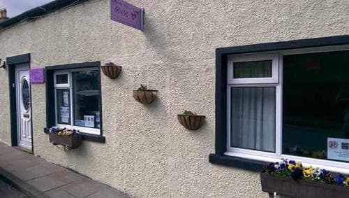 A quaint, cozy storefront with a textured beige facade, vibrant flower boxes, and purple accents invites travelers to explore its charming local offerings in a serene village setting.
