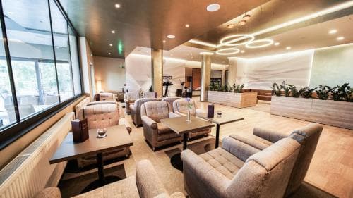 A modern lounge area with plush seating, sleek tables, and large windows offers a cozy yet stylish atmosphere ideal for travelers seeking relaxation or business meetings in a contemporary airport terminal setting.