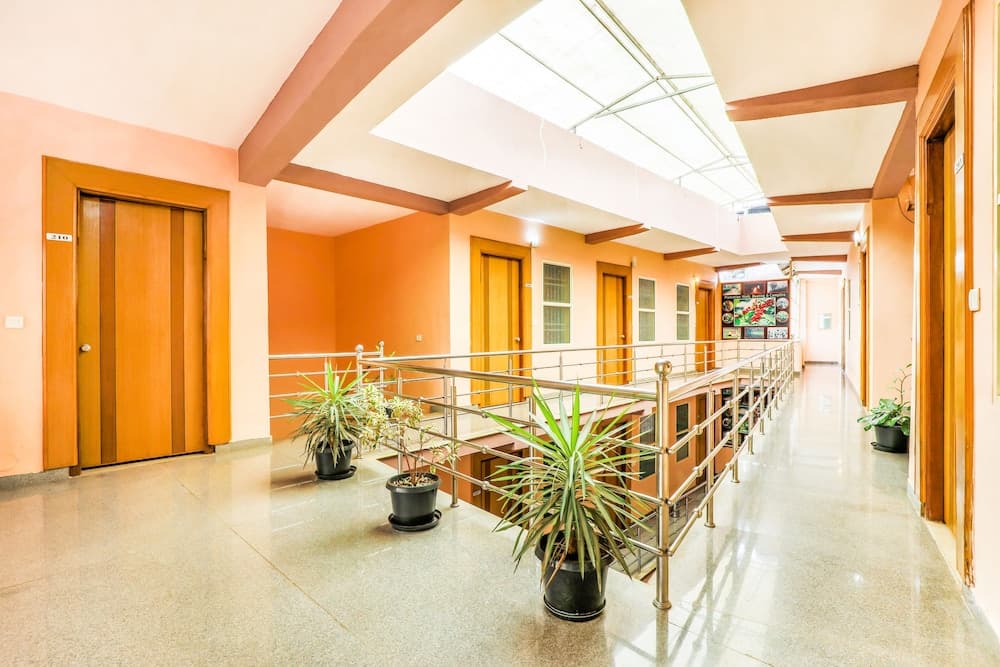 A warmly lit hotel corridor with polished floors, wooden doors, potted plants, and a skylight creates an inviting atmosphere ideal for travelers seeking comfort and tranquility.