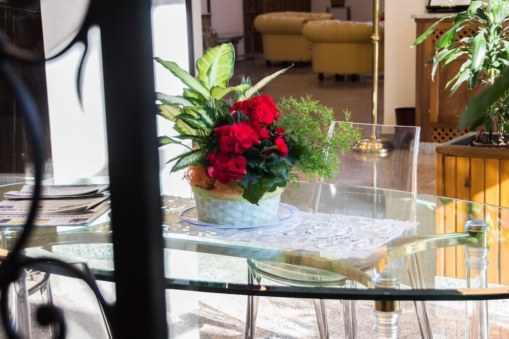A cozy hotel lobby features a glass table adorned with vibrant red roses in a wicker basket, surrounded by comfortable seating and lush greenery, creating an inviting atmosphere for travelers seeking relaxation.