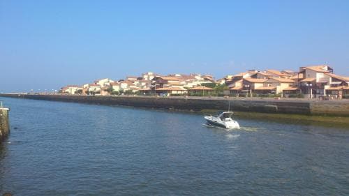 A serene coastal village scene features a small white boat cruising along calm waters beside a row of colorful houses under a clear blue sky, ideal for travelers seeking a peaceful seaside retreat.