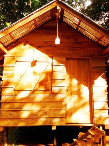 A serene wooden cabin bathed in golden sunlight with tree shadows, featuring a rustic porch light and wooden stairs, ideal for eco-friendly retreats.