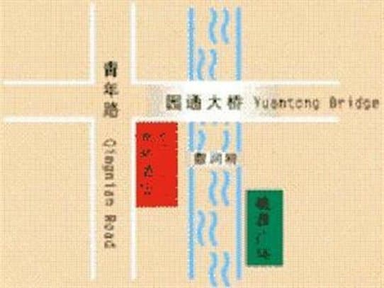 A map highlights the Yuantong Bridge area with clear road markings and landmarks, ideal for travelers seeking navigation assistance in an urban setting.