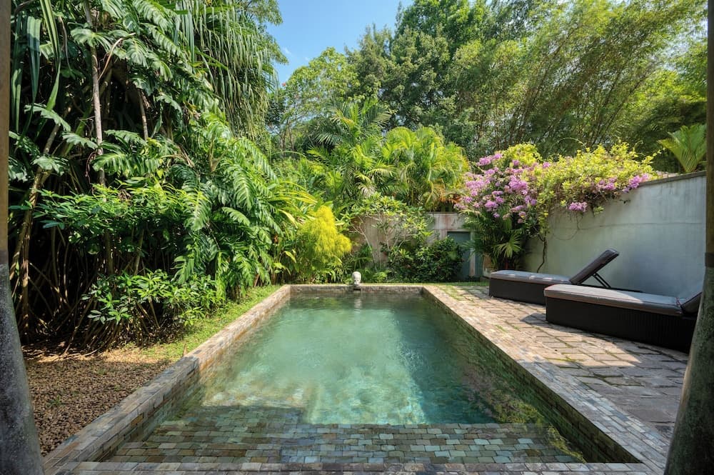 A serene tropical oasis features a rectangular pool surrounded by lush greenery, blooming flowers, and lounge chairs, ideal for a relaxing vacation retreat.