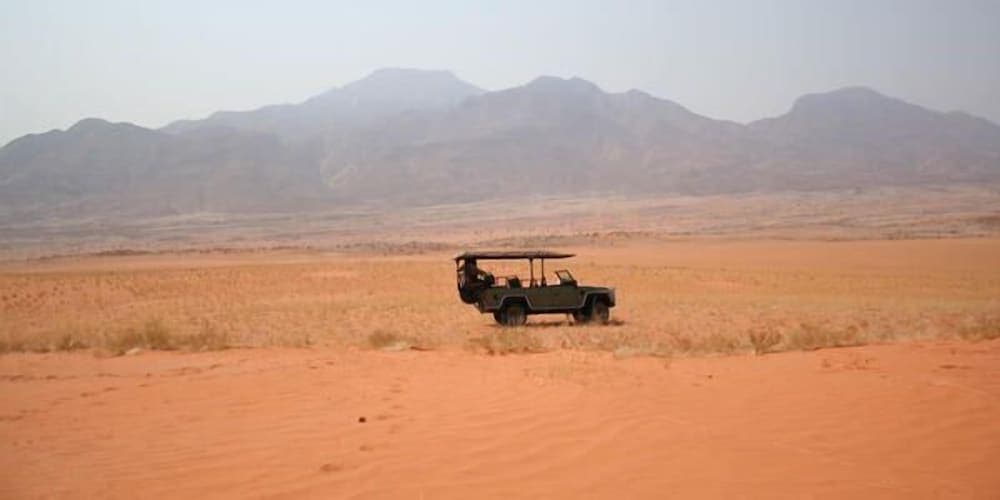 A rugged safari vehicle traverses the serene expanse of a desert landscape under distant mountains, ideal for adventure seekers exploring remote wilderness areas.