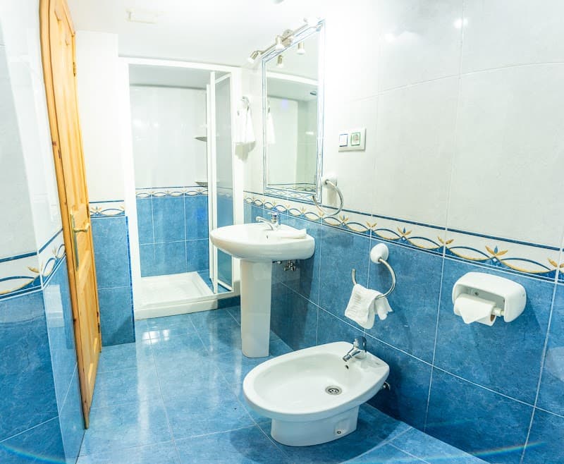 A serene blue-tiled bathroom in a cozy apartment features a modern shower, sink, bidet, and wooden door, ideal for travelers seeking comfort in Asturias, Spain.