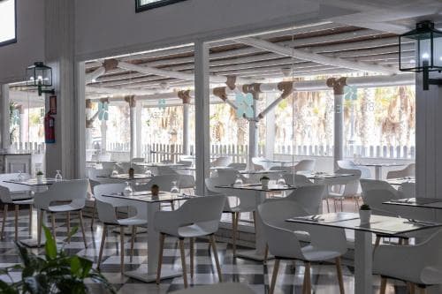 A bright, modern restaurant with white tables and chairs overlooks lush palm trees through large windows, creating an inviting atmosphere ideal for travelers seeking a relaxing dining experience.