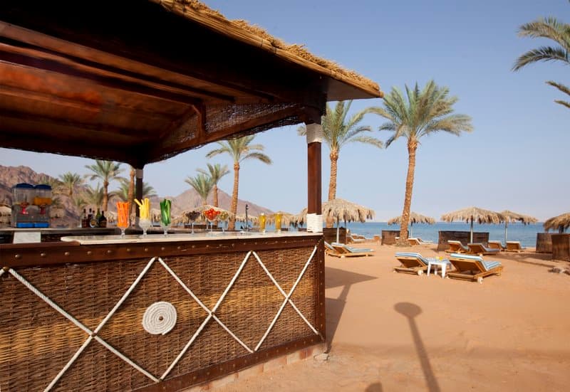 A serene beachside bar with wicker decor overlooks tranquil turquoise waters under palm trees, ideal for a relaxing tropical getaway.