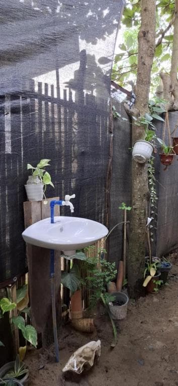 A serene outdoor garden sink setup under a shaded netted area, surrounded by lush plants and pots, offers a tranquil spot for eco-friendly travelers seeking a natural wash-up experience.
